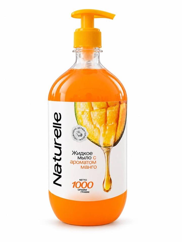 Naturelle mango hidli suyuq sovun, 1000 gramm, mango boʻlaklari va oqayotgan sovun orasida